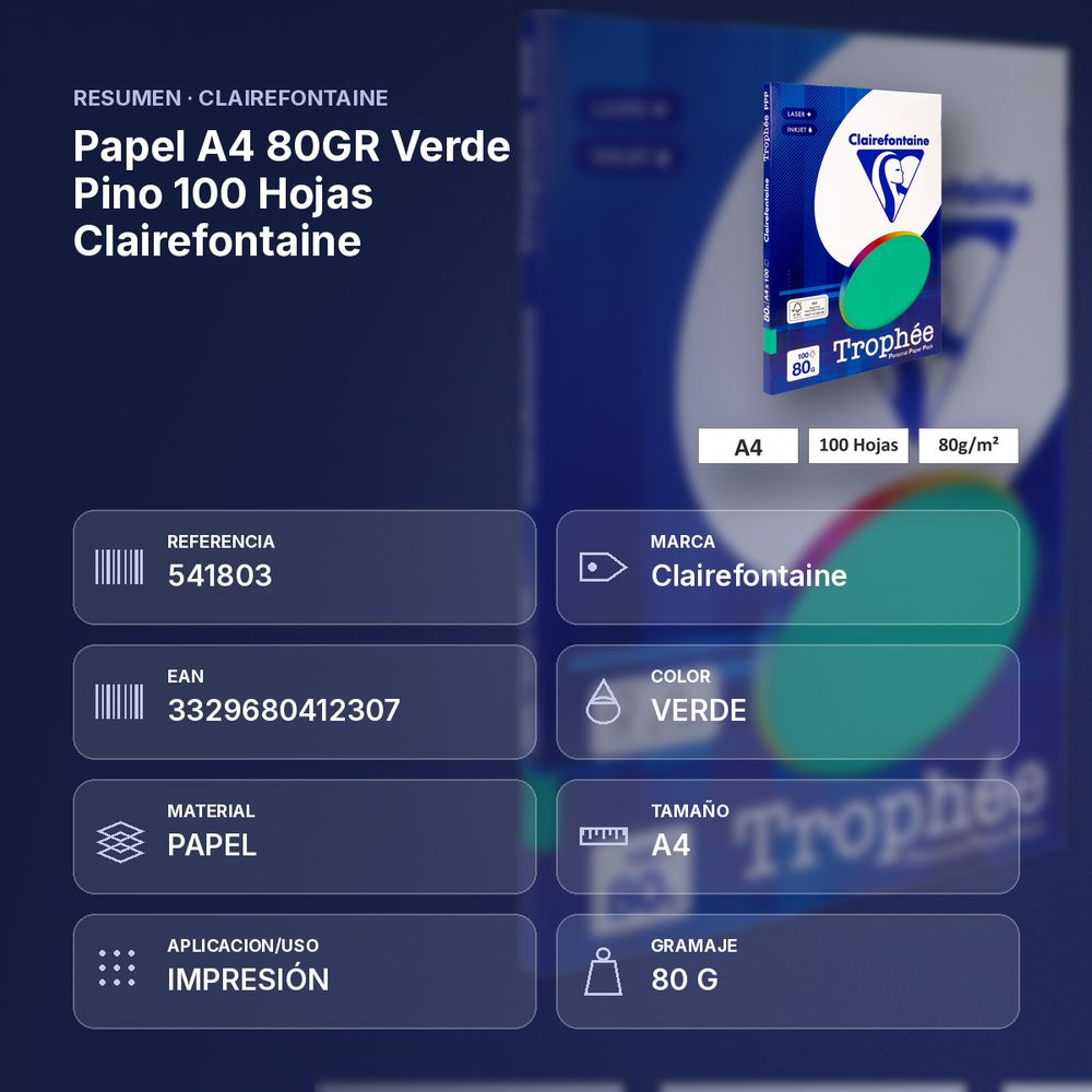 PAPEL A4 80GR VERDE PINO 100 HOJAS CLAIREFONTAINE - resumen de atributos