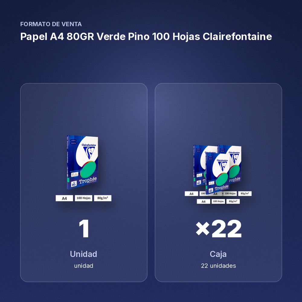 PAPEL A4 80GR VERDE PINO 100 HOJAS CLAIREFONTAINE - formato de venta: caja de 22