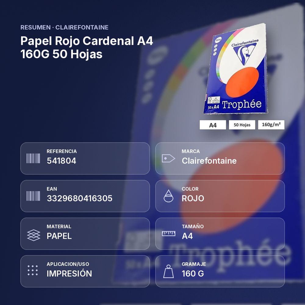 PAPEL ROJO CARDENAL A4 160G 50 HOJAS - resumen de atributos