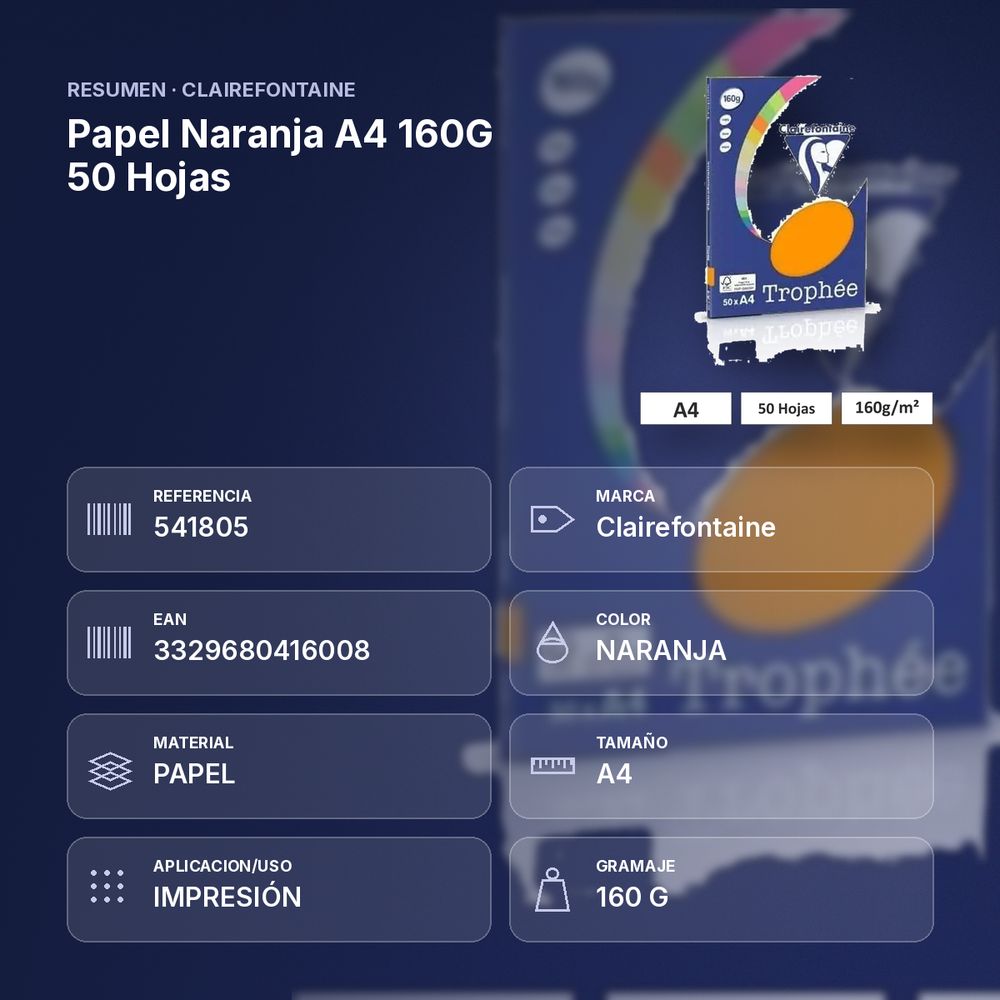PAPEL NARANJA A4 160G 50 HOJAS - resumen de atributos