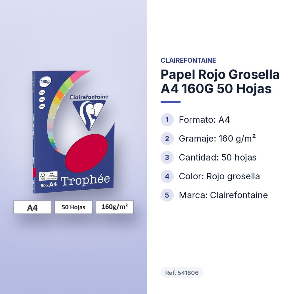 PAPEL ROJO GROSELLA A4 160G 50 HOJAS - características principales