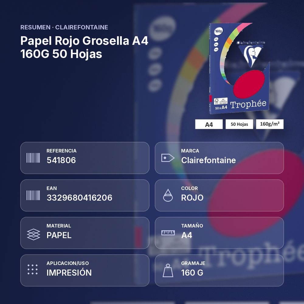 PAPEL ROJO GROSELLA A4 160G 50 HOJAS - resumen de atributos
