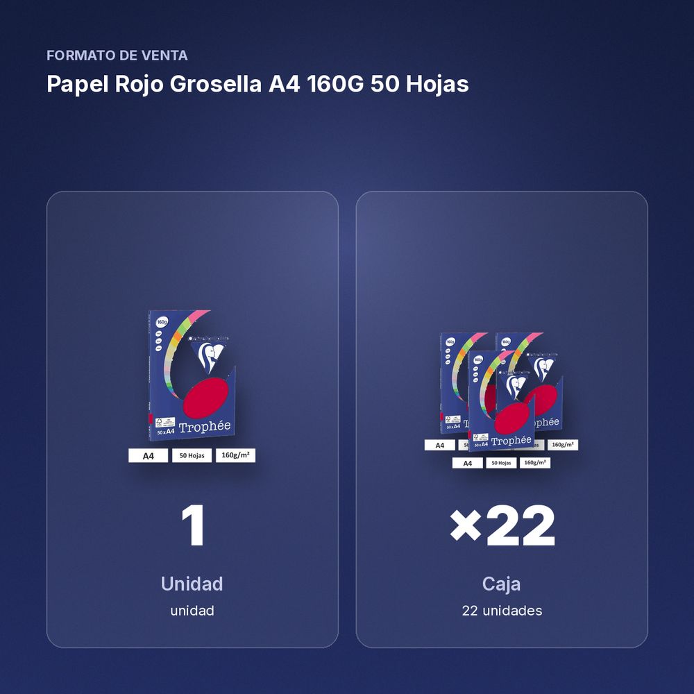 PAPEL ROJO GROSELLA A4 160G 50 HOJAS - formato de venta: caja de 22