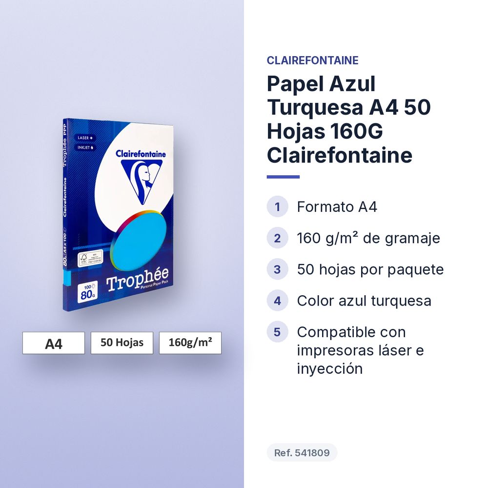 PAPEL AZUL TURQUESA A4 50 HOJAS 160G CLAIREFONTAINE - características principales