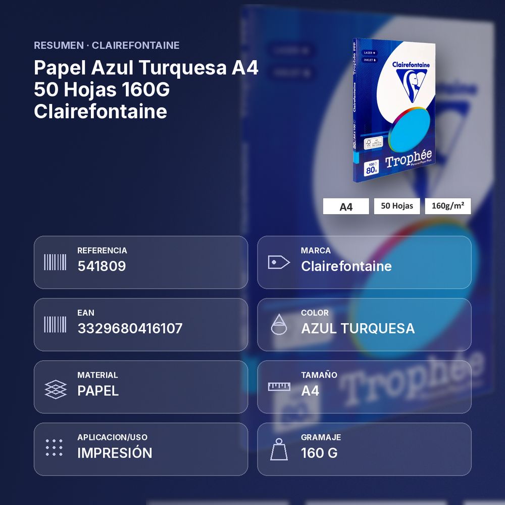 PAPEL AZUL TURQUESA A4 50 HOJAS 160G CLAIREFONTAINE - resumen de atributos