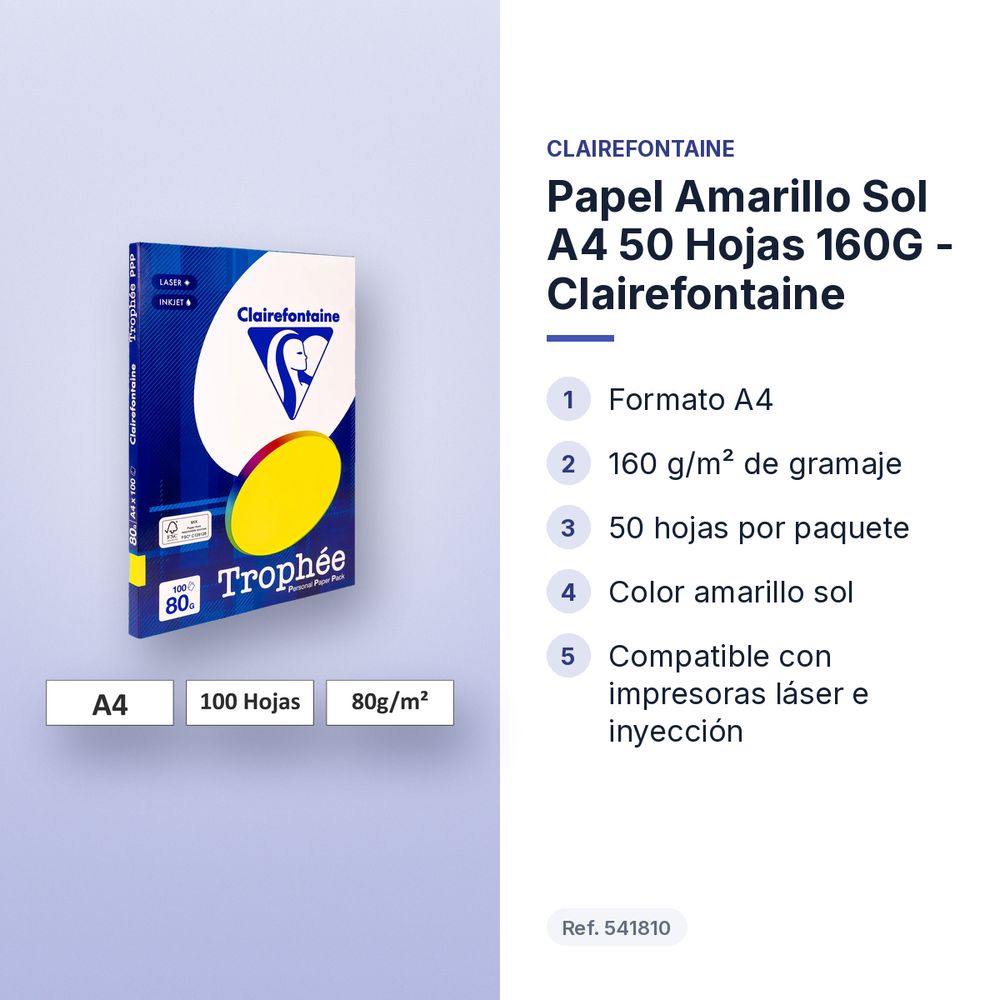 PAPEL AMARILLO SOL A4 50 HOJAS 160G - CLAIREFONTAINE - características principales