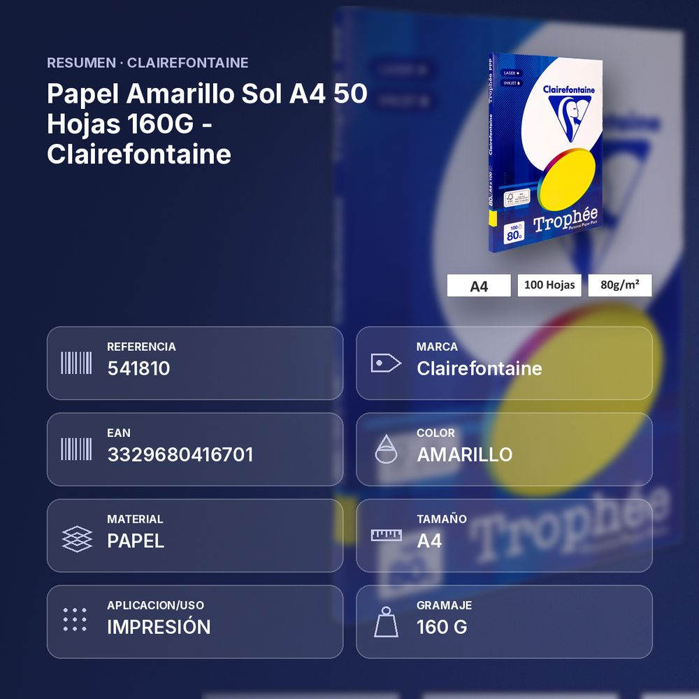 PAPEL AMARILLO SOL A4 50 HOJAS 160G - CLAIREFONTAINE - resumen de atributos