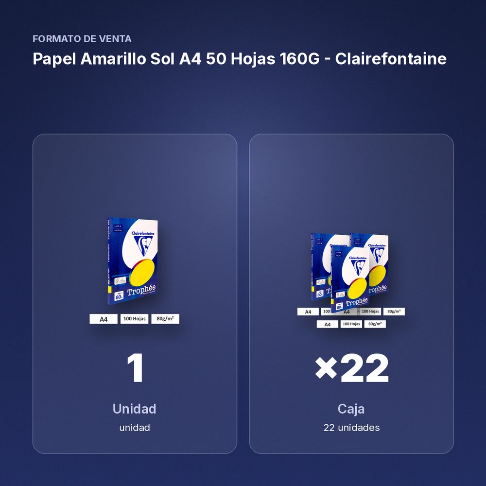 PAPEL AMARILLO SOL A4 50 HOJAS 160G - CLAIREFONTAINE - formato de venta: caja de 22