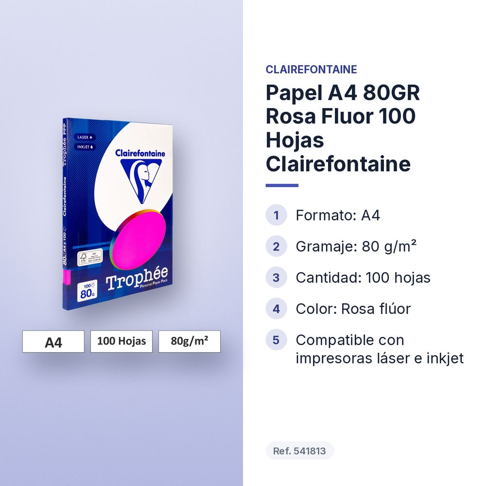PAPEL A4 80GR ROSA FLUOR 100 HOJAS CLAIREFONTAINE - características principales