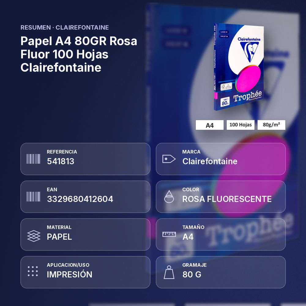 PAPEL A4 80GR ROSA FLUOR 100 HOJAS CLAIREFONTAINE - resumen de atributos