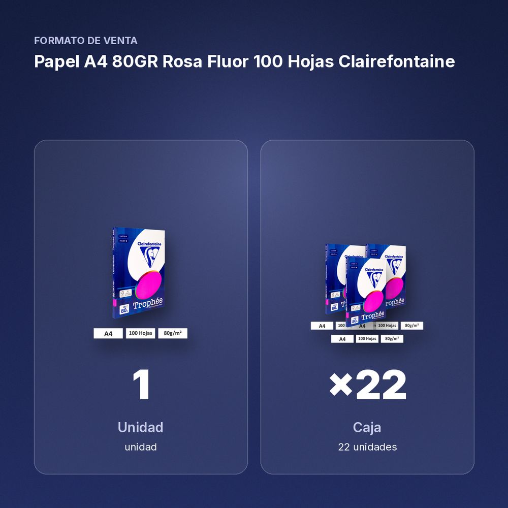 PAPEL A4 80GR ROSA FLUOR 100 HOJAS CLAIREFONTAINE - formato de venta: caja de 22