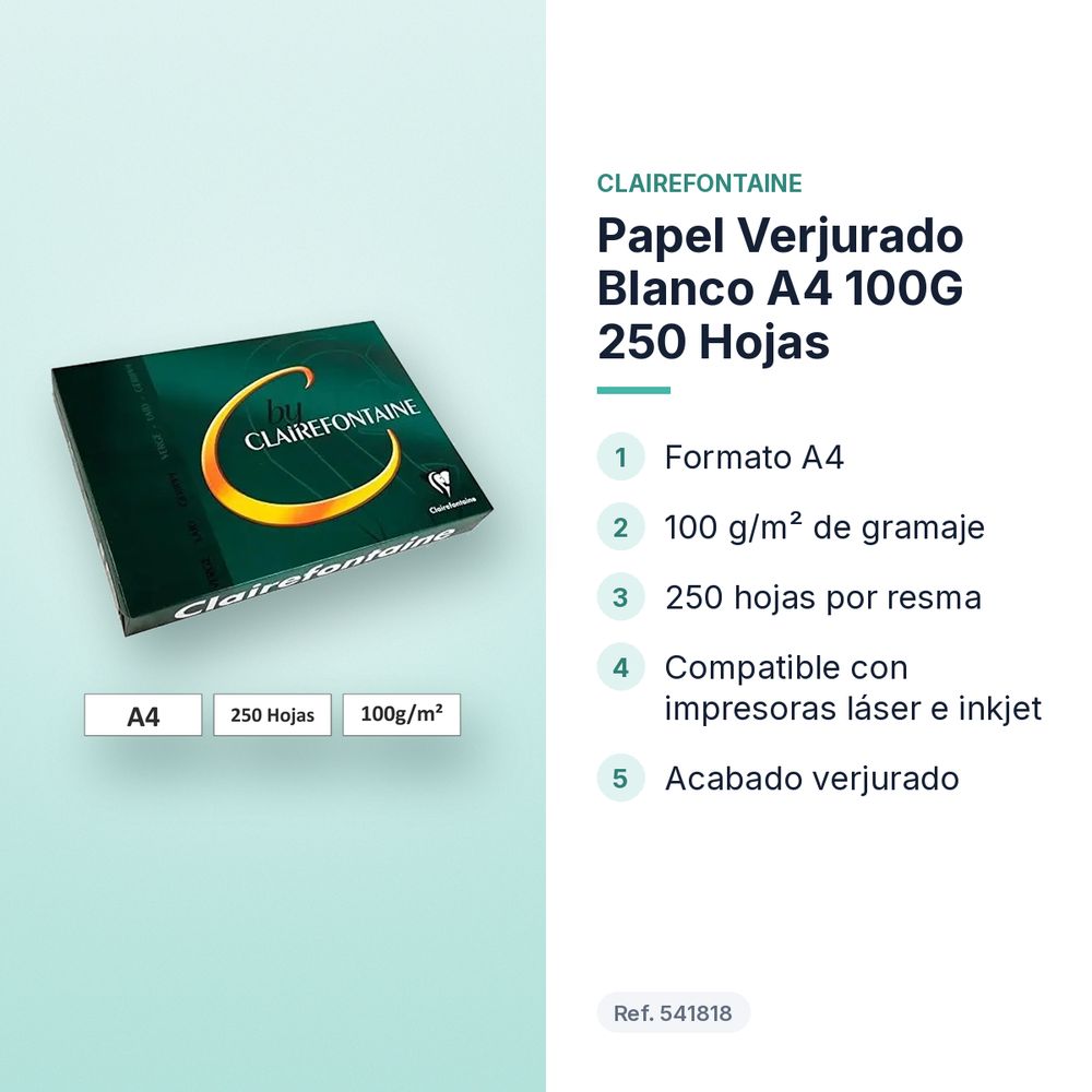 PAPEL VERJURADO BLANCO A4 100G 250 HOJAS - características principales