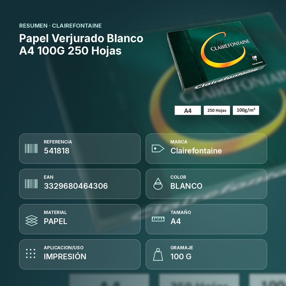 PAPEL VERJURADO BLANCO A4 100G 250 HOJAS - resumen de atributos