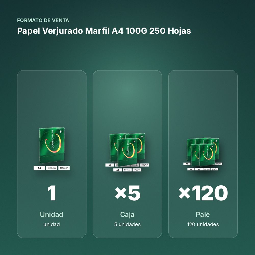 PAPEL VERJURADO MARFIL A4 100G 250 HOJAS - formato de venta: caja de 5, palé de 120
