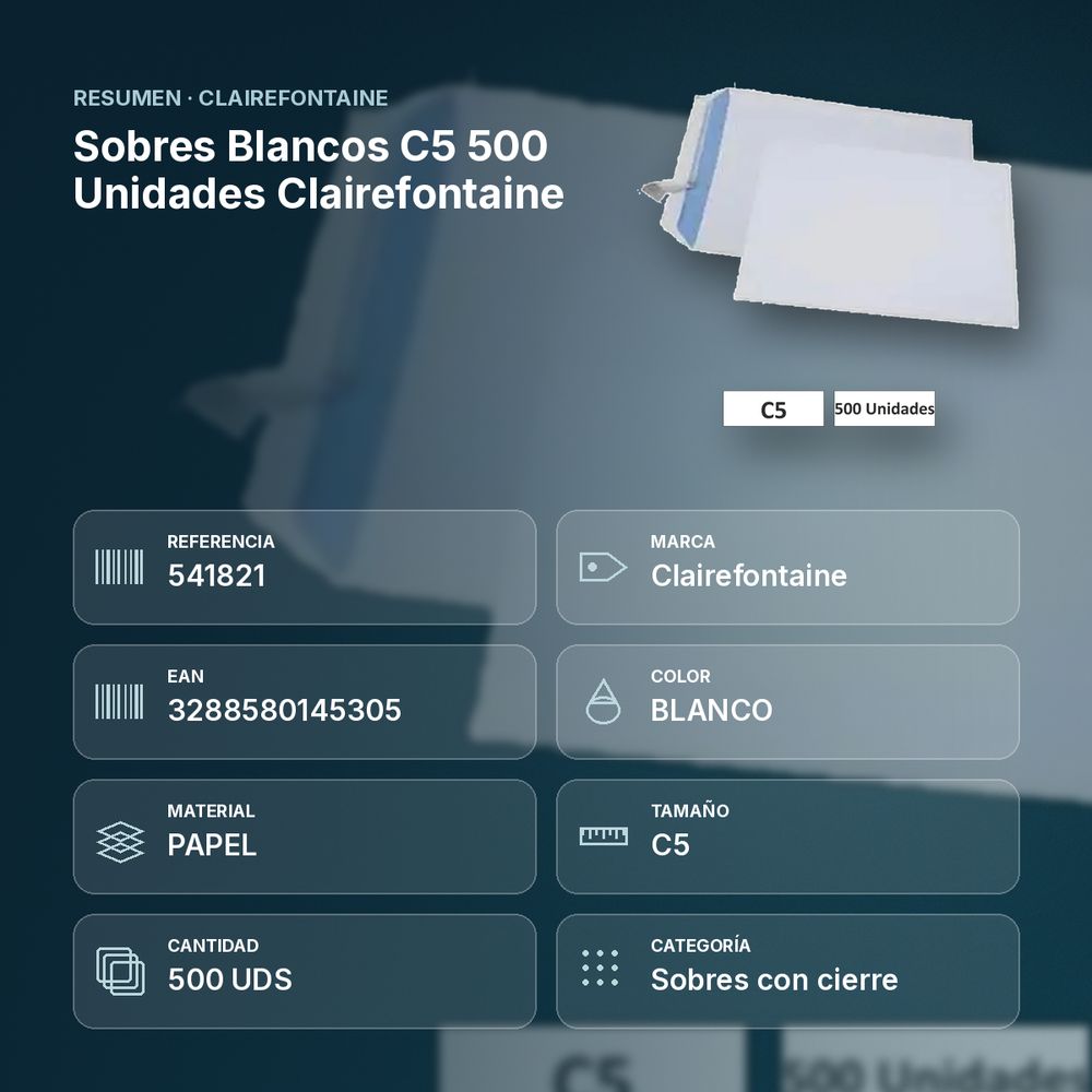 SOBRES BLANCOS C5 500 UNIDADES CLAIREFONTAINE - resumen de atributos