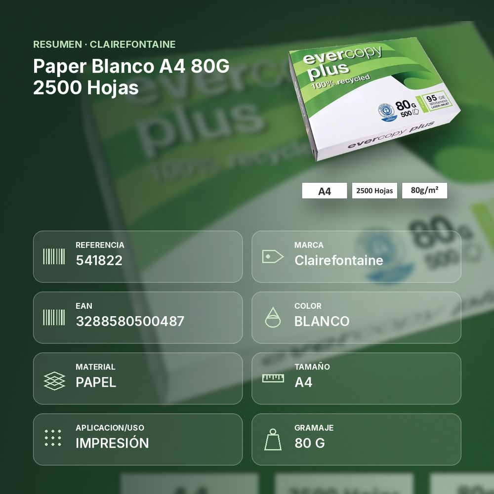 PAPER BLANCO A4 80G 2500 HOJAS - resumen de atributos