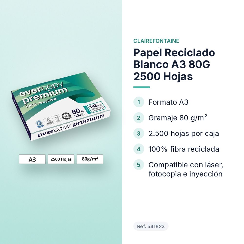 PAPEL RECICLADO BLANCO A3 80G 2500 HOJAS - características principales