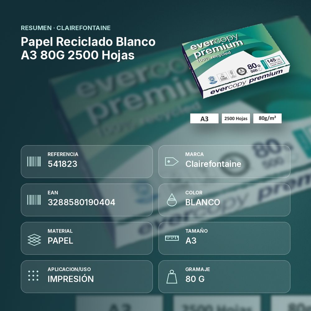 PAPEL RECICLADO BLANCO A3 80G 2500 HOJAS - resumen de atributos