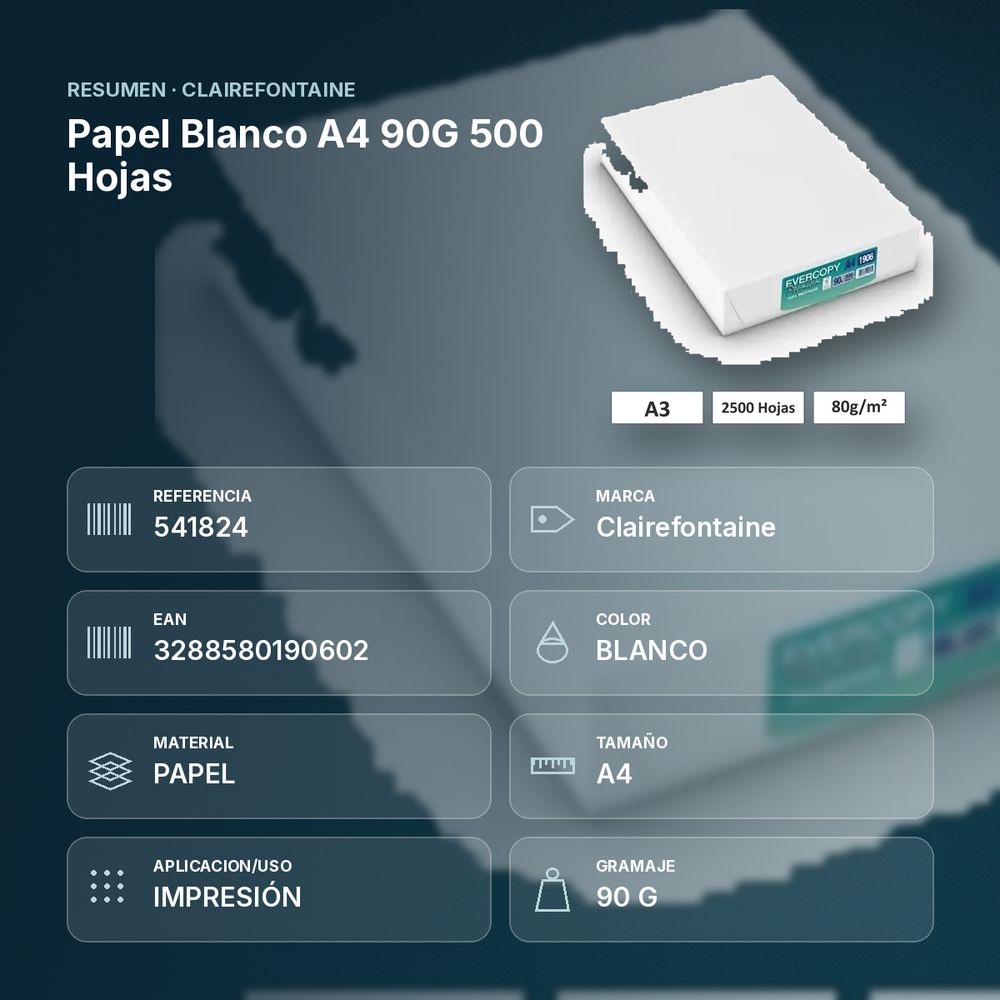 PAPEL BLANCO A4 90G 500 HOJAS - resumen de atributos