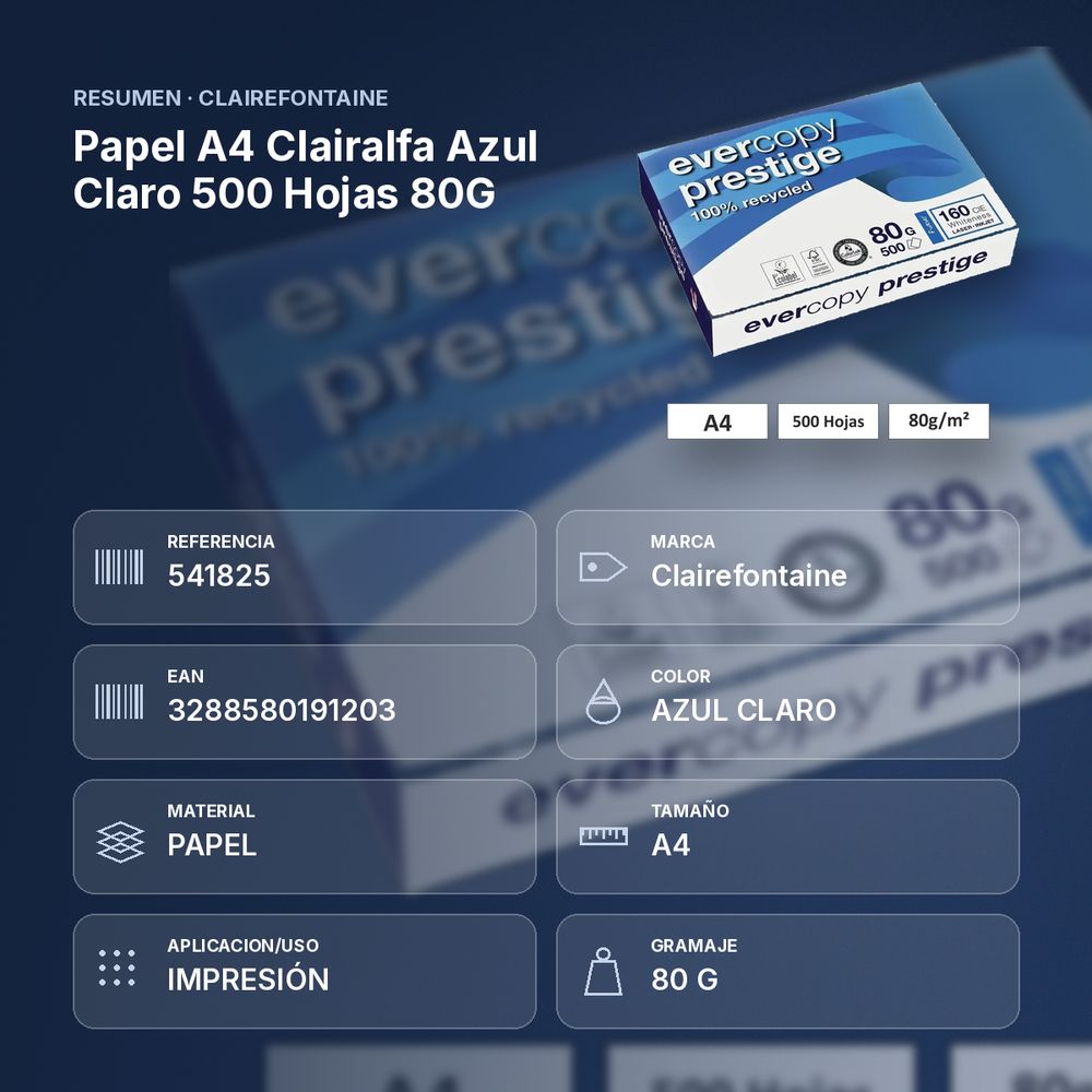 PAPEL A4 CLAIRALFA AZUL CLARO 500 HOJAS 80G - resumen de atributos