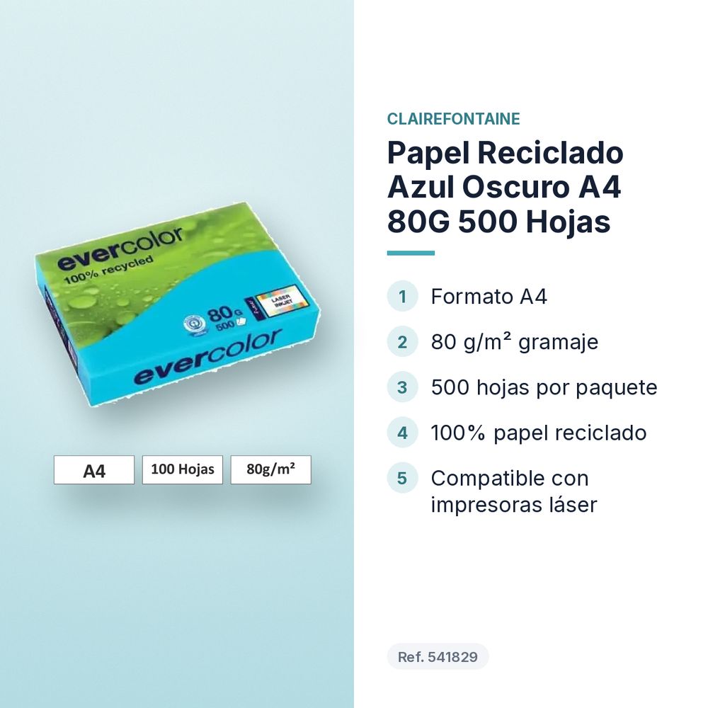 PAPEL RECICLADO AZUL OSCURO A4 80G 500 HOJAS  - características principales