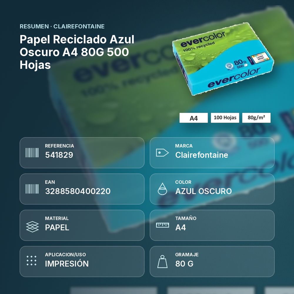 PAPEL RECICLADO AZUL OSCURO A4 80G 500 HOJAS  - resumen de atributos