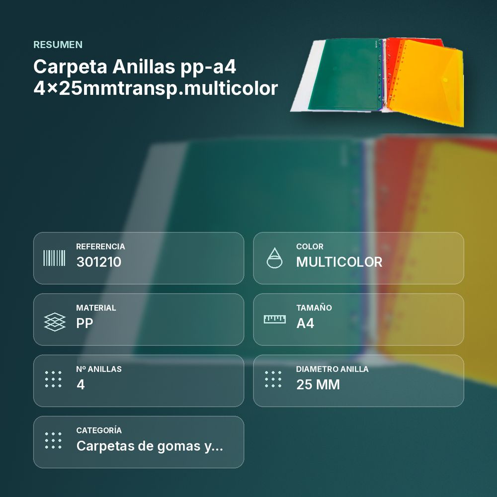 CARPETA ANILLAS PP-A4 4X25MMTRANSP.MULTICOLOR - resumen de atributos