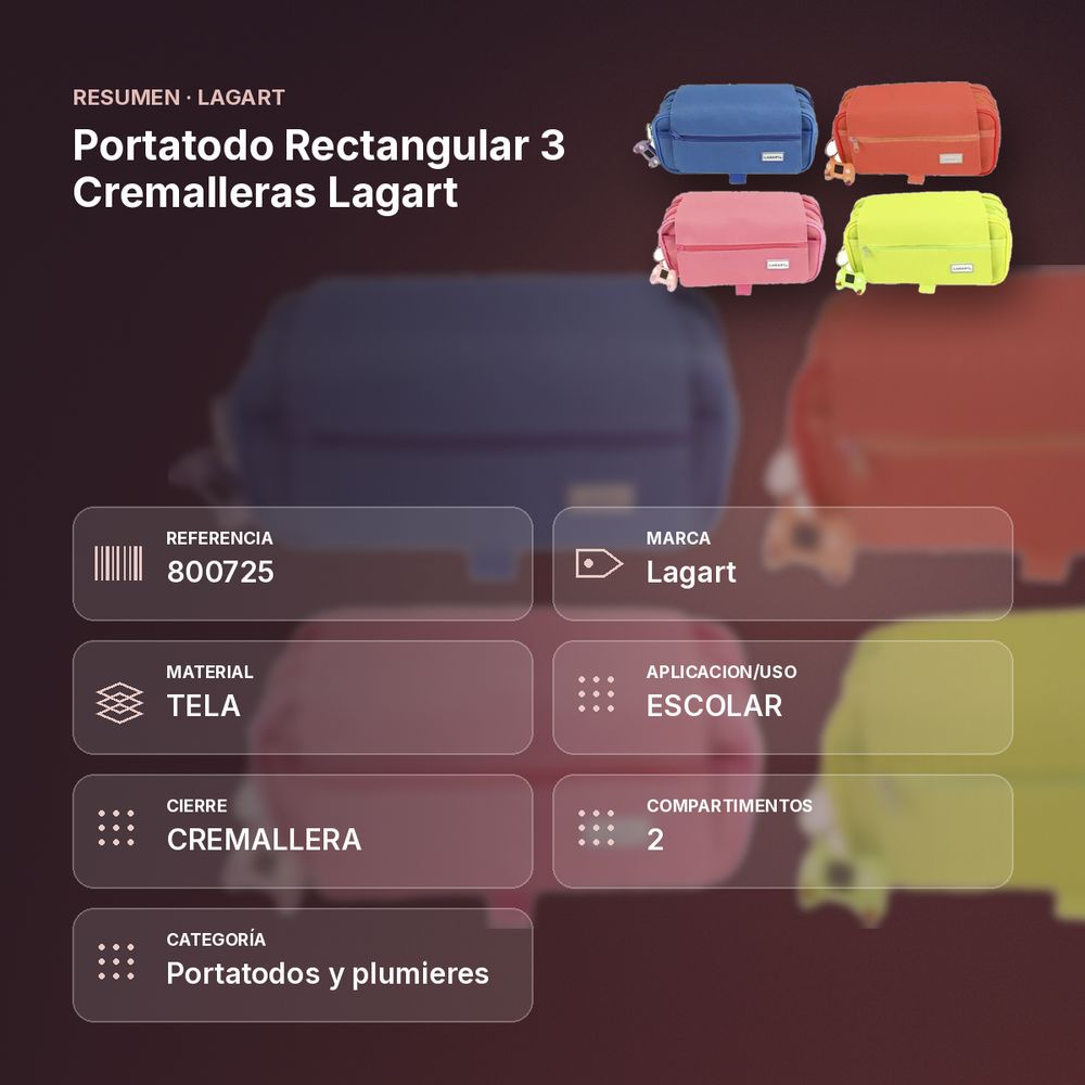 PORTATODO RECTANGULAR 3 CREMALLERAS LAGART  - resumen de atributos