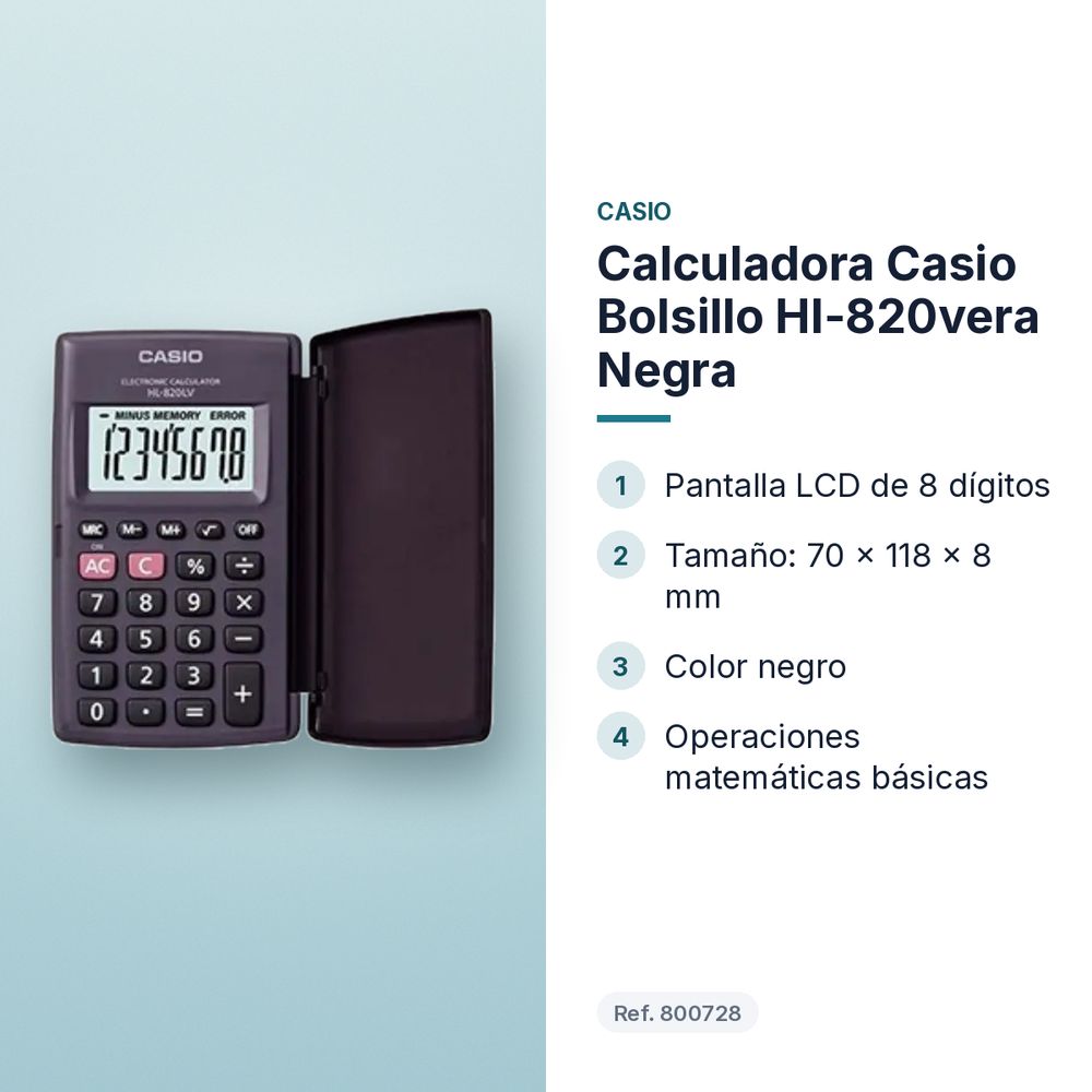 CALCULADORA CASIO BOLSILLO HL-820VERA NEGRA   - características principales