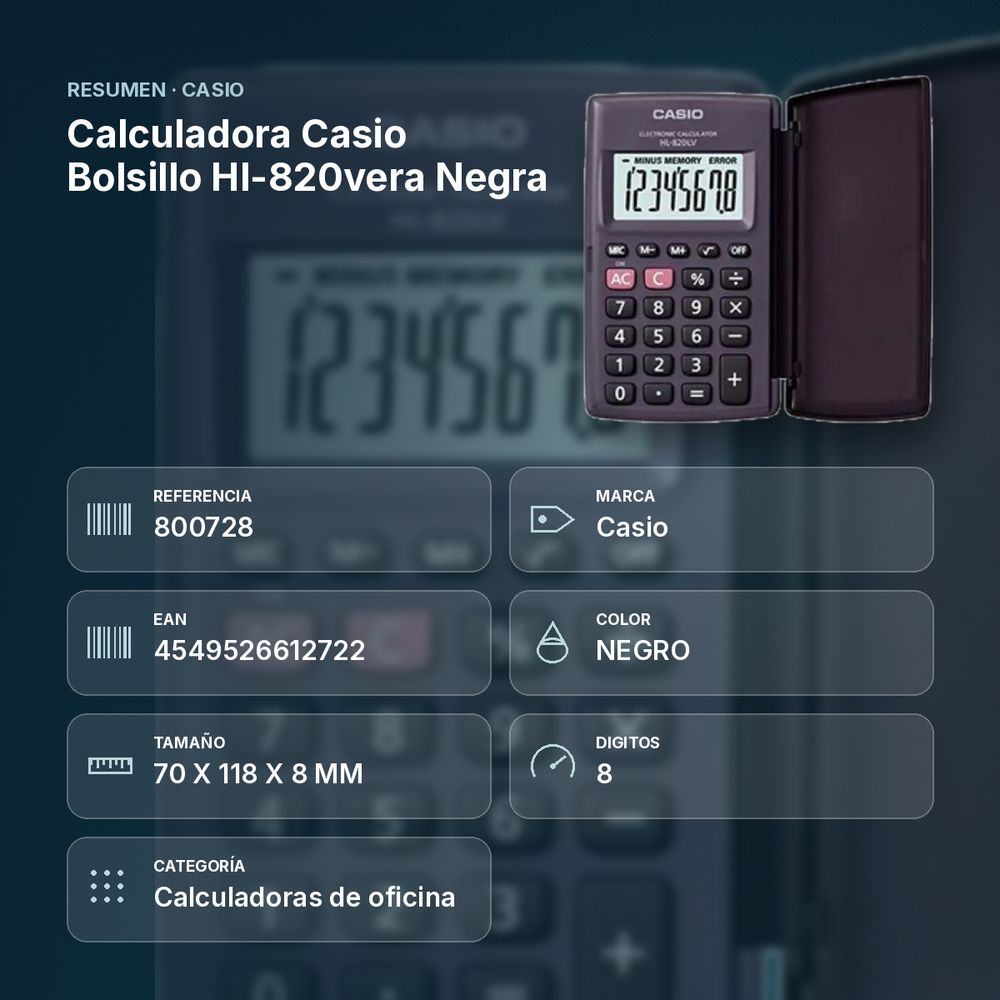 CALCULADORA CASIO BOLSILLO HL-820VERA NEGRA   - resumen de atributos