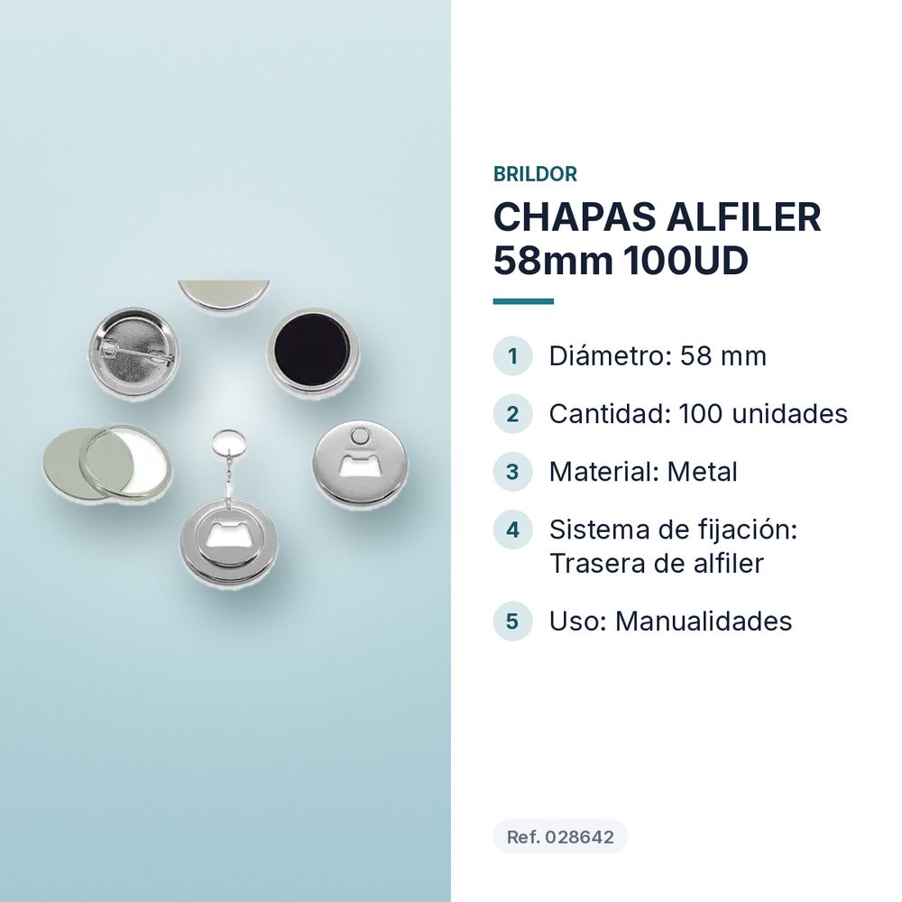 CHAPAS ALFILER 58mm 100UD  - características principales