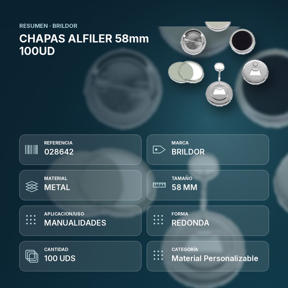CHAPAS ALFILER 58mm 100UD  - resumen de atributos