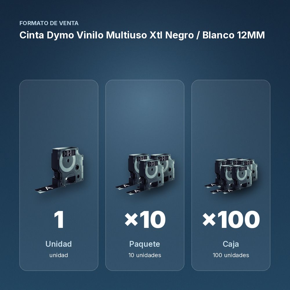 CINTA DYMO VINILO MULTIUSO XTL NEGRO / BLANCO 12MM - formato de venta: paquete de 10, caja de 100