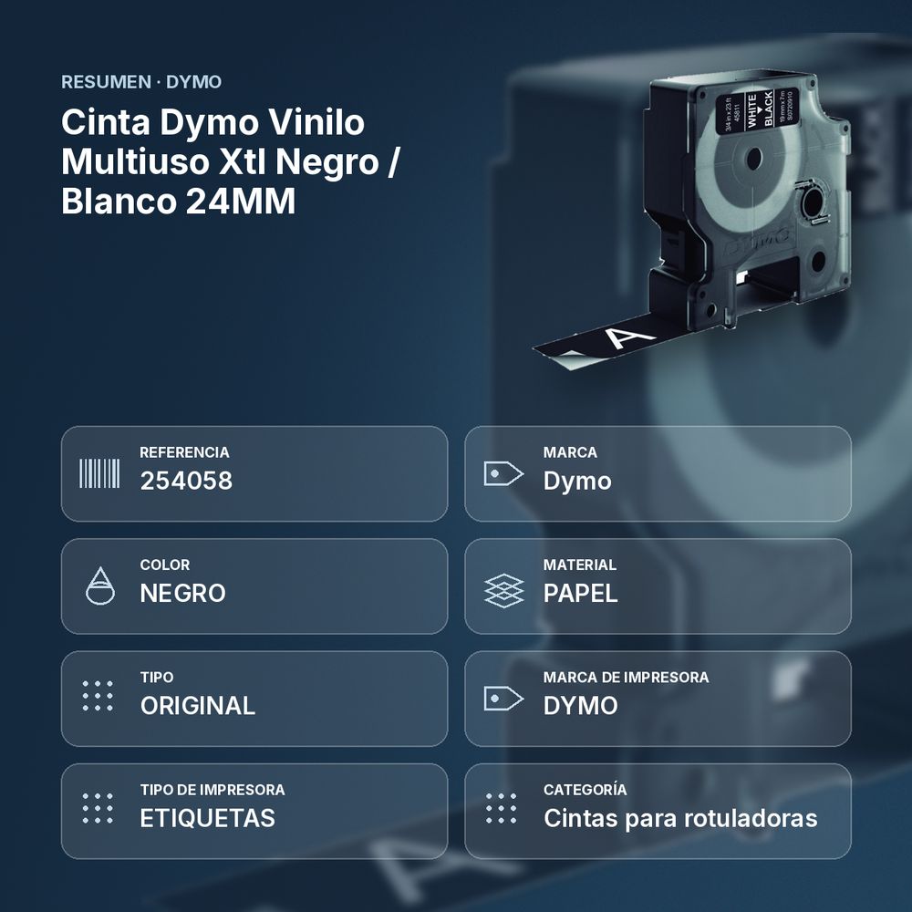 CINTA DYMO VINILO MULTIUSO XTL NEGRO / BLANCO 24MM - resumen de atributos