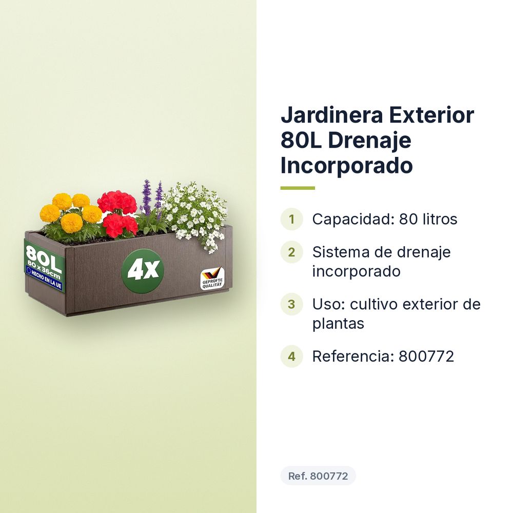 JARDINERA EXTERIOR 80L DRENAJE INCORPORADO - características principales