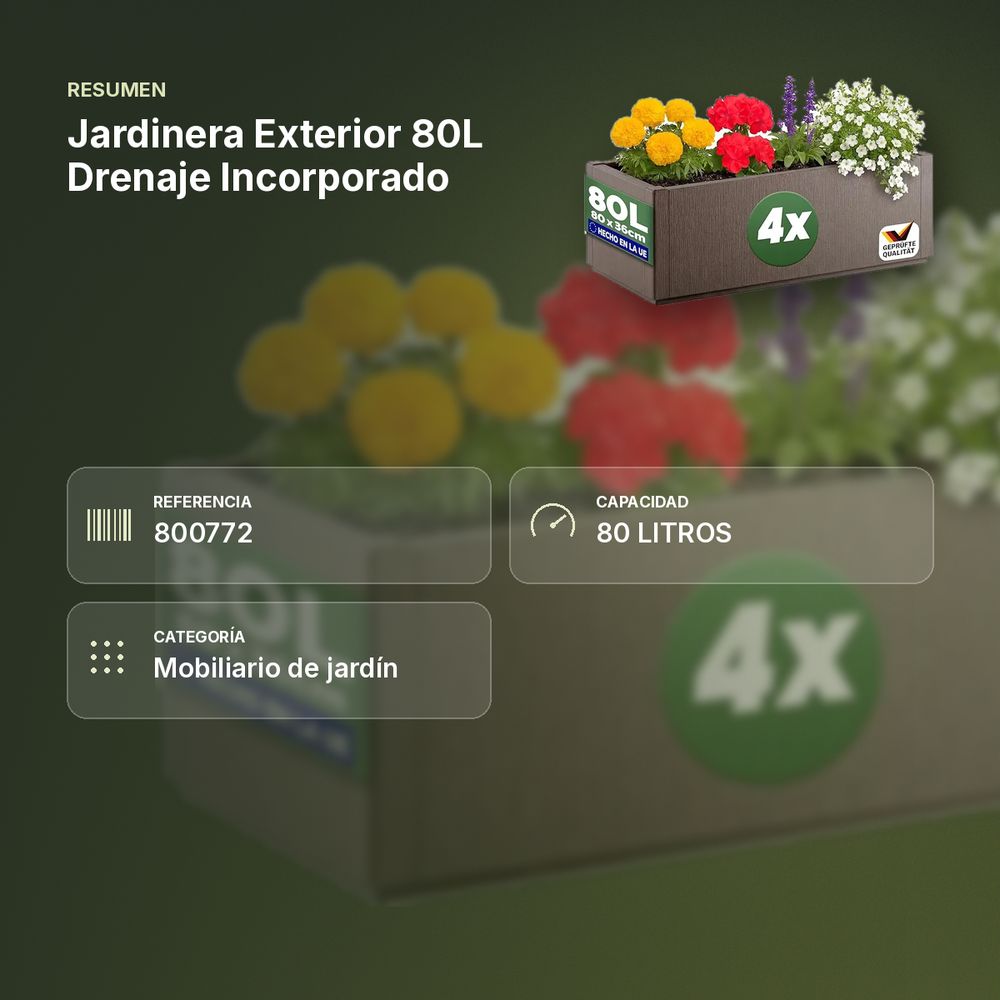 JARDINERA EXTERIOR 80L DRENAJE INCORPORADO - resumen de atributos