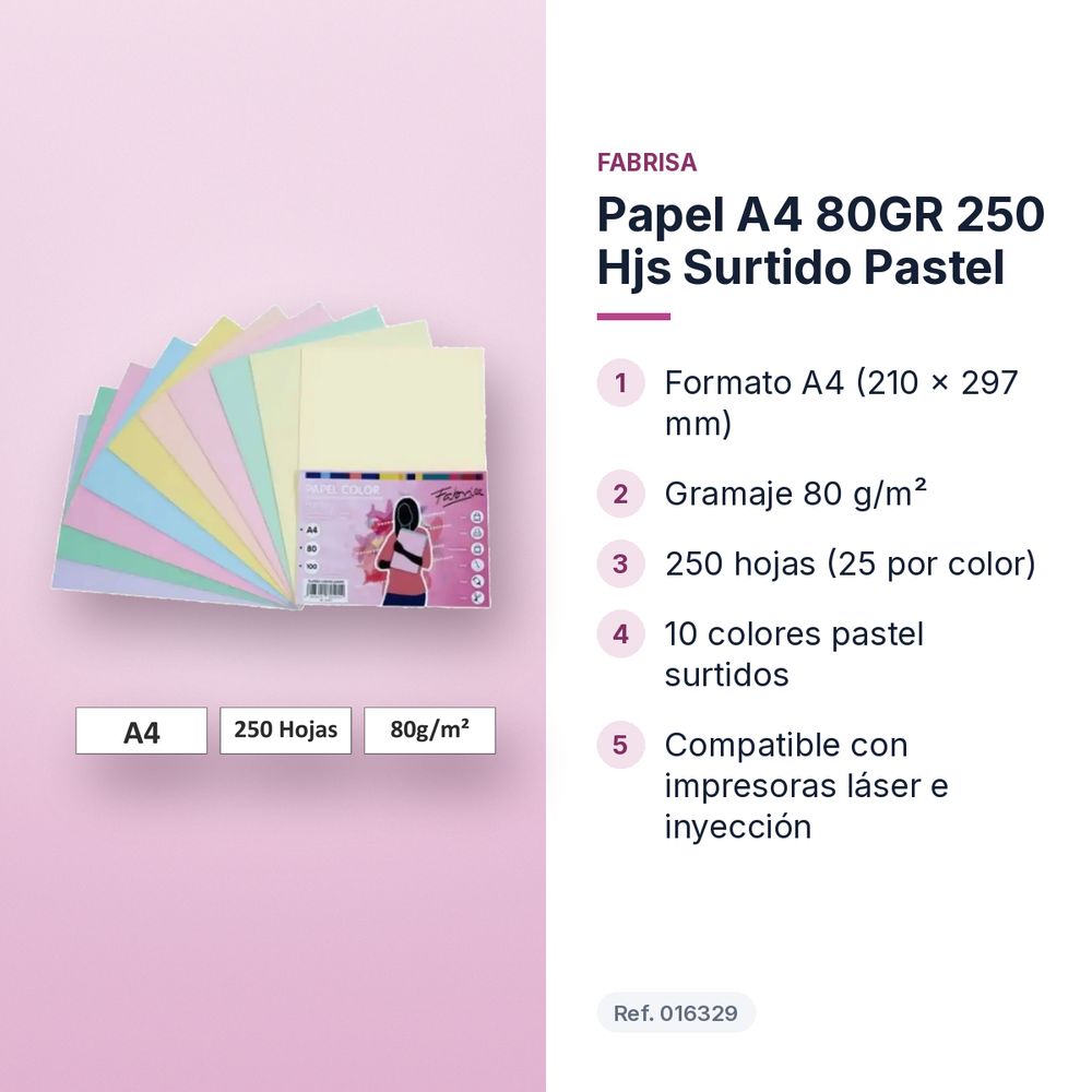 PAPEL A4 80GR 250 HJS SURTIDO PASTEL - características principales