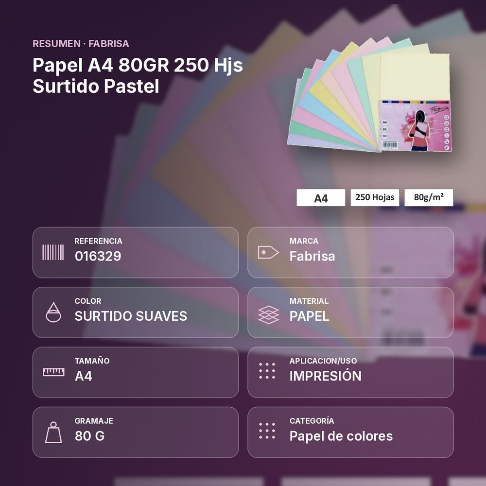PAPEL A4 80GR 250 HJS SURTIDO PASTEL - resumen de atributos
