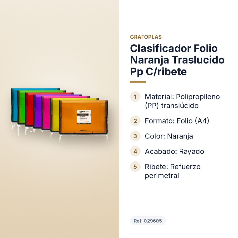 CLASIFICADOR FOLIO NARANJA TRASLUCIDO PP C/RIBETE  - características principales