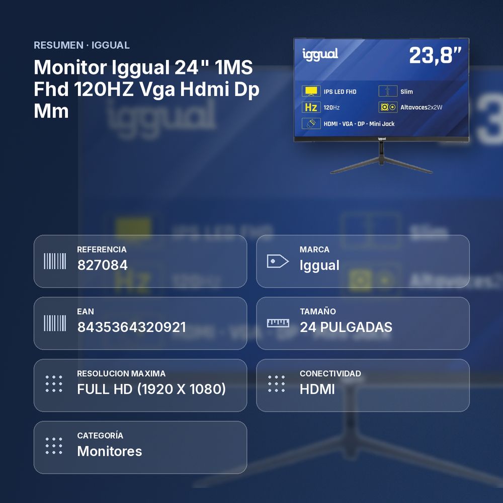 MONITOR IGGUAL 24" 1MS FHD 120HZ VGA HDMI DP MM - resumen de atributos