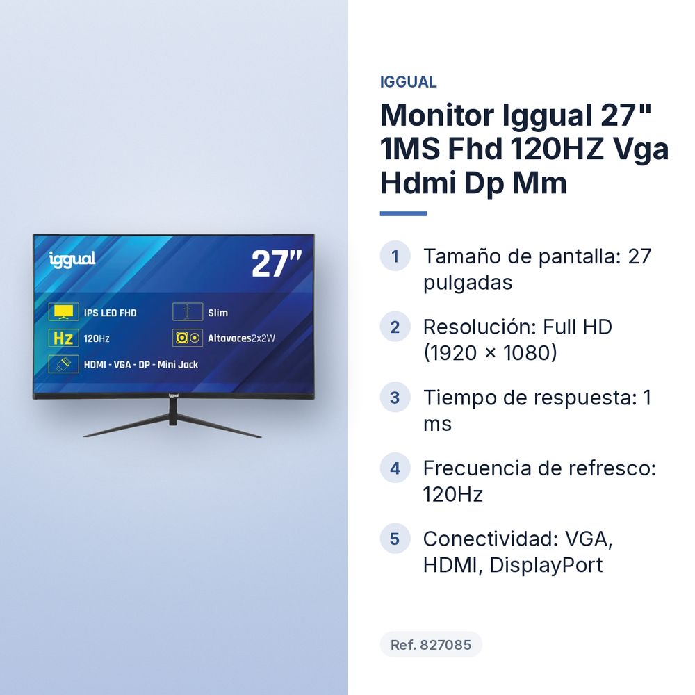 MONITOR IGGUAL 27" 1MS FHD 120HZ VGA HDMI DP MM - características principales