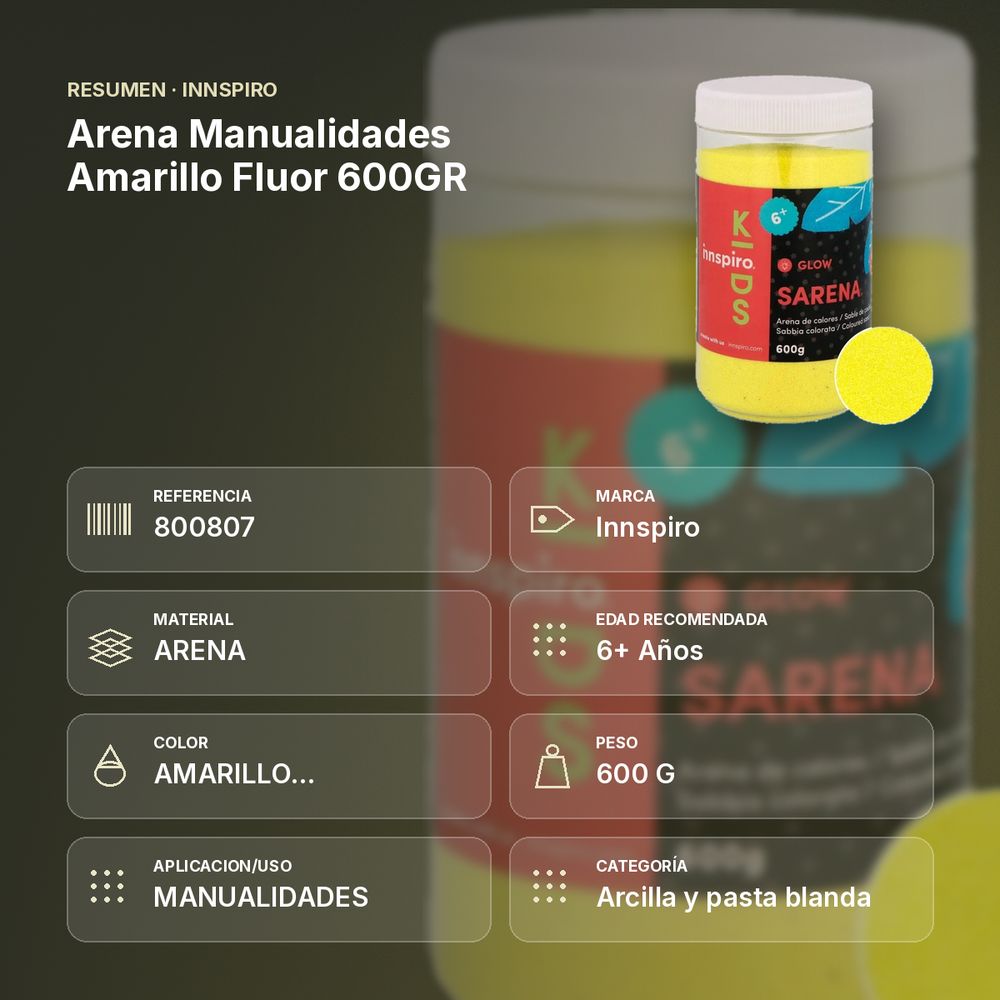 ARENA MANUALIDADES AMARILLO FLUOR 600GR           - resumen de atributos