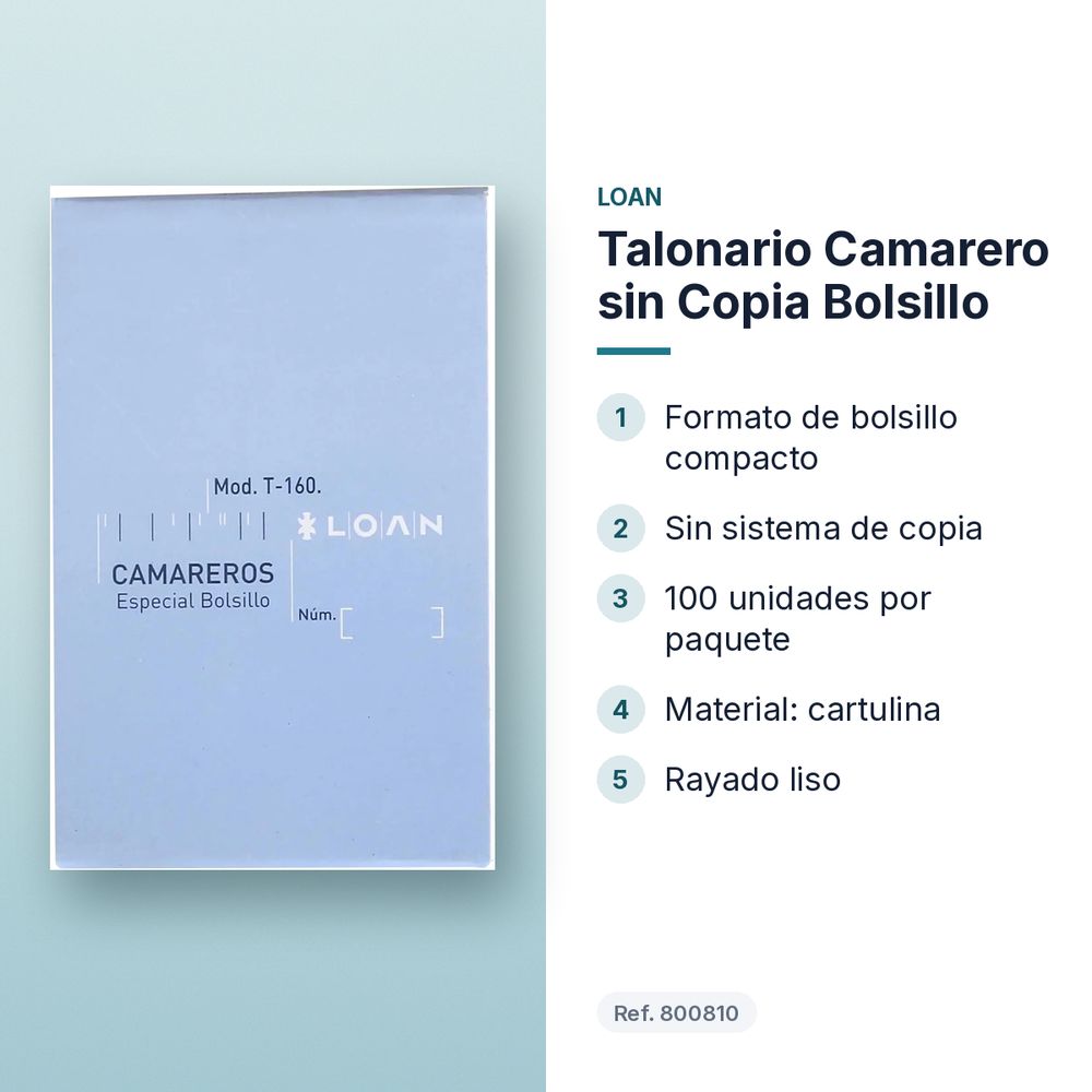 TALONARIO CAMARERO SIN COPIA BOLSILLO - características principales