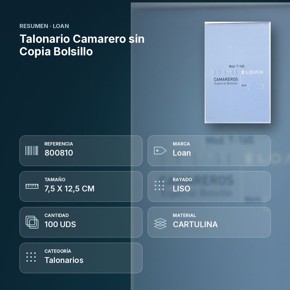 TALONARIO CAMARERO SIN COPIA BOLSILLO - resumen de atributos