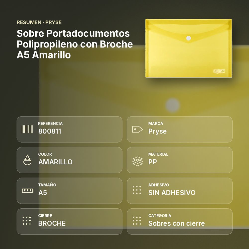 SOBRE PORTADOCUMENTOS POLIPROPILENO CON BROCHE A5 AMARILLO - resumen de atributos