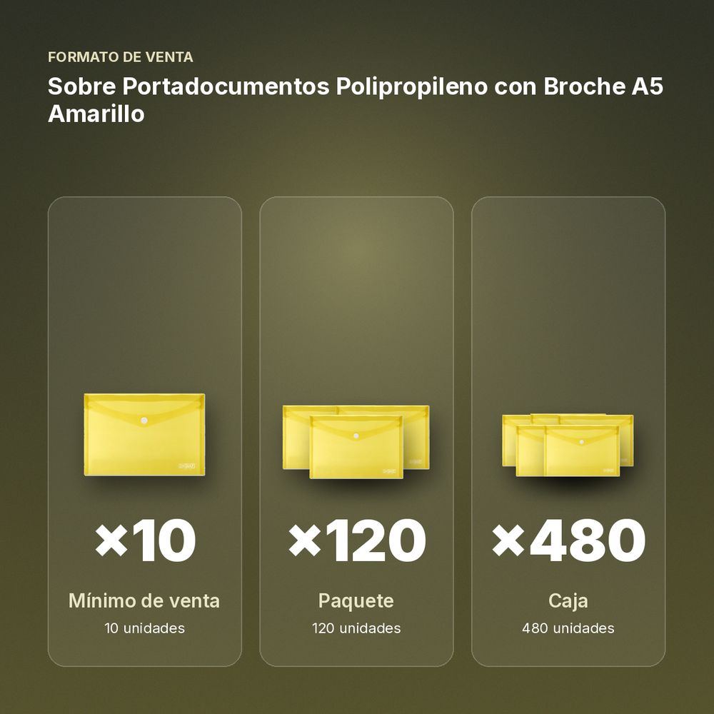 SOBRE PORTADOCUMENTOS POLIPROPILENO CON BROCHE A5 AMARILLO - formato de venta: paquete de 120, caja de 480