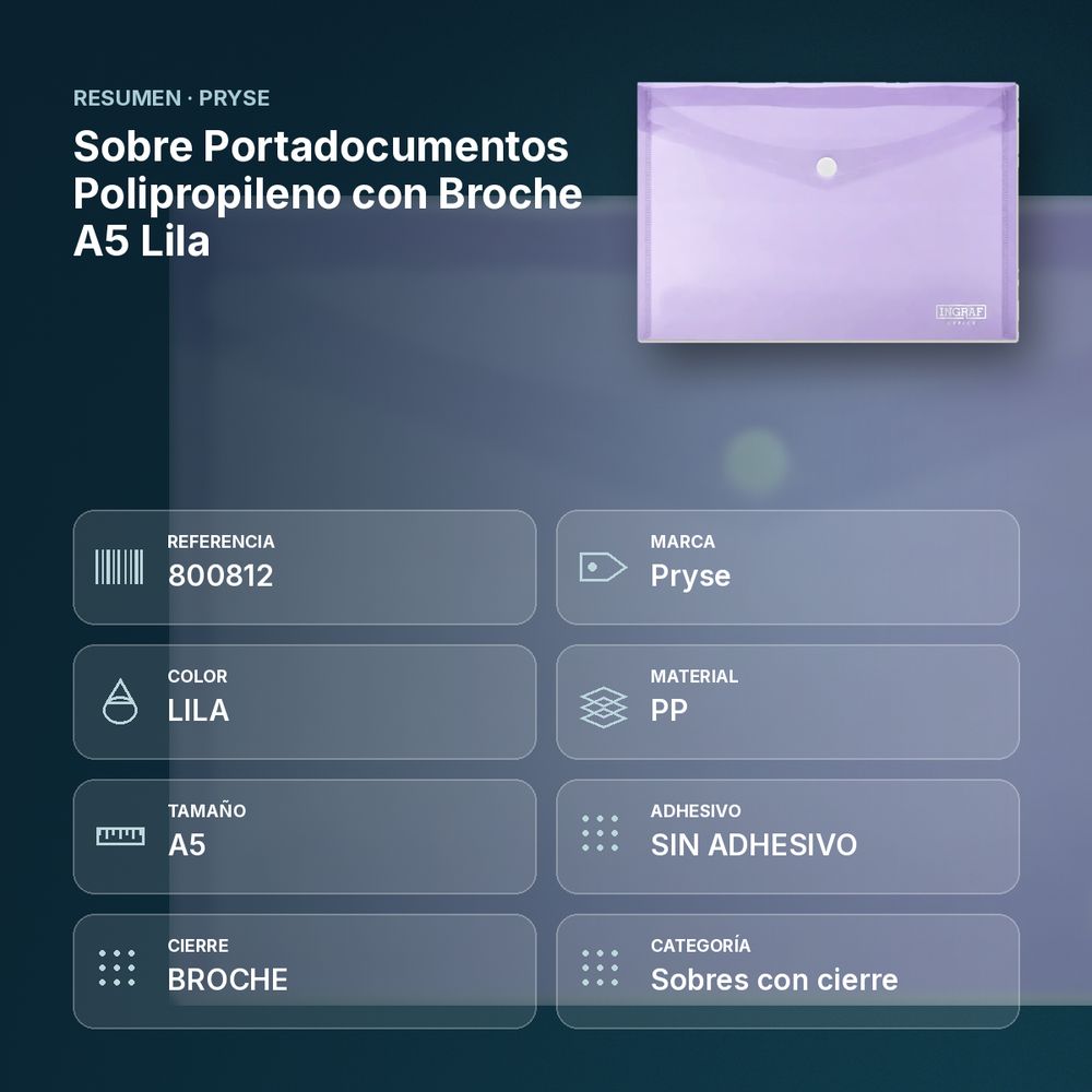 SOBRE PORTADOCUMENTOS POLIPROPILENO CON BROCHE A5 LILA - resumen de atributos