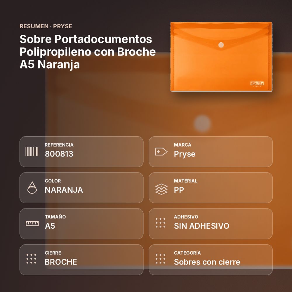 SOBRE PORTADOCUMENTOS POLIPROPILENO CON BROCHE A5 NARANJA - resumen de atributos
