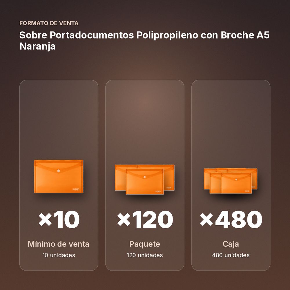 SOBRE PORTADOCUMENTOS POLIPROPILENO CON BROCHE A5 NARANJA - formato de venta: paquete de 120, caja de 480