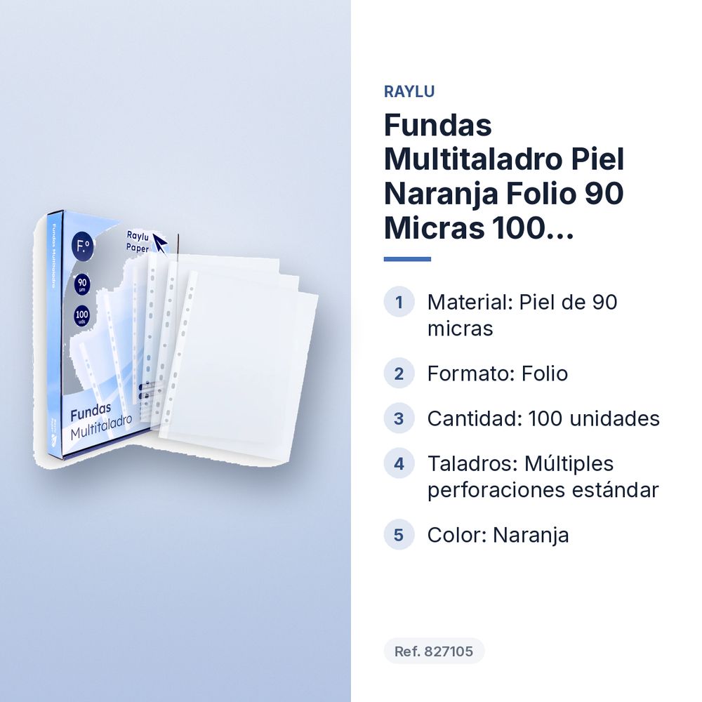 FUNDAS MULTITALADRO PIEL NARANJA FOLIO 90 MICRAS 100 UNIDADES RAYLU  - características principales